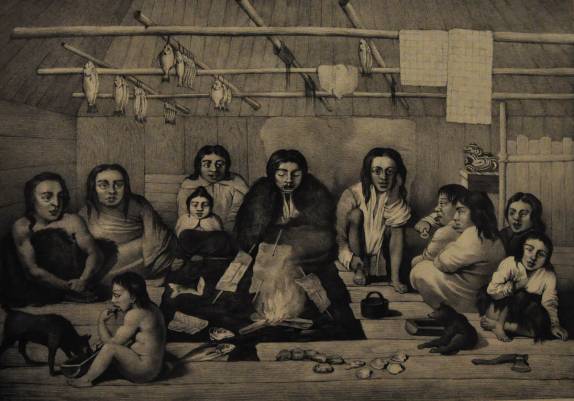 Quadro mostrando família de nativos em sua habitação, no Museu de Anchorage, no Alaska